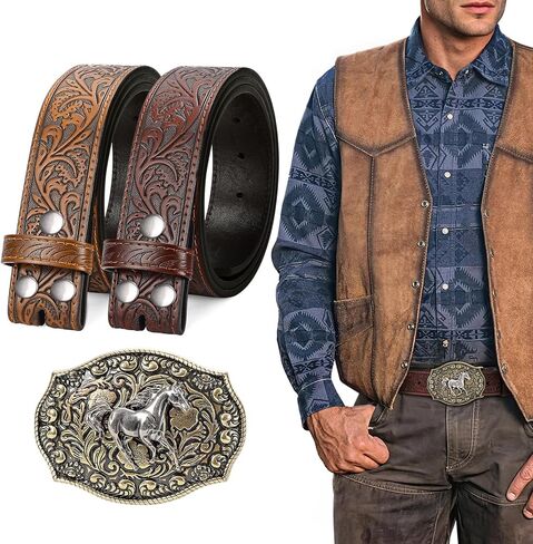 SANSTHS 2 Pack Cowboy Western Belt Strap with a Buckle, Men Women Embossed Cowboy Cowgirl Belt Strap for Jeans Gifts in Saudi Arabia