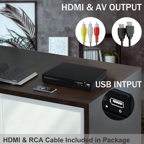 مشغل DVD صغير للتلفزيون، منطقة حرة HD 1080P مدعوم بكابلات HDMI/AV، مدخل USB، يحتوي على جهاز تحكم عن بعد لمشغل DVD، يدعم نظام PAL/NTSC in Saudi Arabia