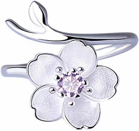 925 Sterling Silver Flower CZ Rings, Cherry Blossoms Open Engagement Promise Ring, Pink or Purple Birthstones Adjustable Ring for Women, Size 6-11. in Saudi Arabia