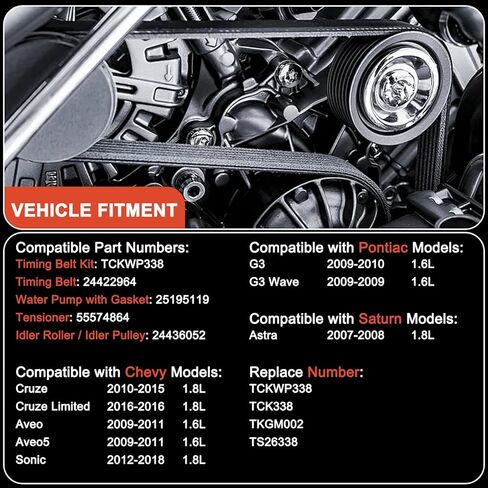 طقم حزام توقيت المحرك مع مضخة مياه متوافقة مع 2009-2018 Chevy Cruze Aveo Aveo5 Sonic 1.6L 1.8L، 2009-2010 Pontiac G3 1.6L، 2007-2008 Saturn Astra 1.8L يستبدل TCKWP338 24422964 25195119 in Kuwait