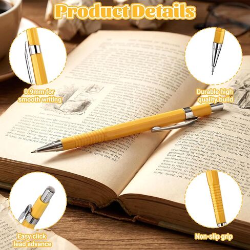 24 Pcs Mechanical Pencil, 0.9mm Metal Retractable Automatic Drafting Pencils Refills for Writing Drawing Sketching Illustration Signature (Yellow) in Saudi Arabia