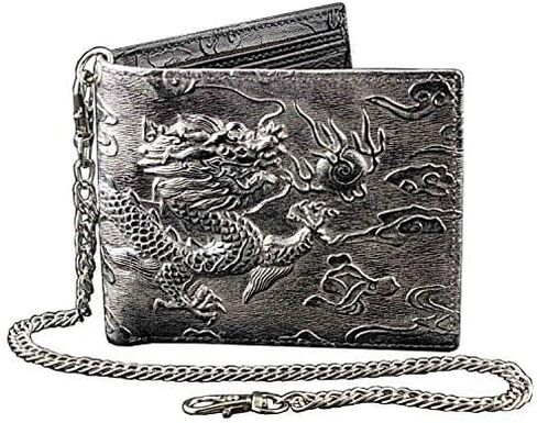 Mens Dragon Vintage Silver Grey Leather Wallet Card Holder Purse With Chain in Kuwait