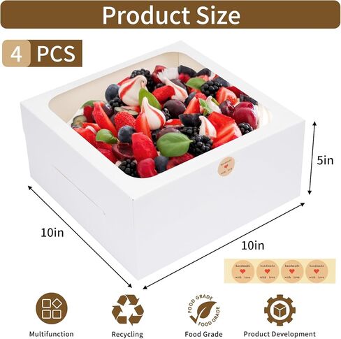 10 قطع من علب الكيك من موريتو، صندوق كيك مقاس 10x10x5 بوصة مع نافذة، صناديق مخبوزات بيضاء لصناديق الكيك والكب كيك والفطيرة والحلوى والمعجنات in Kuwait