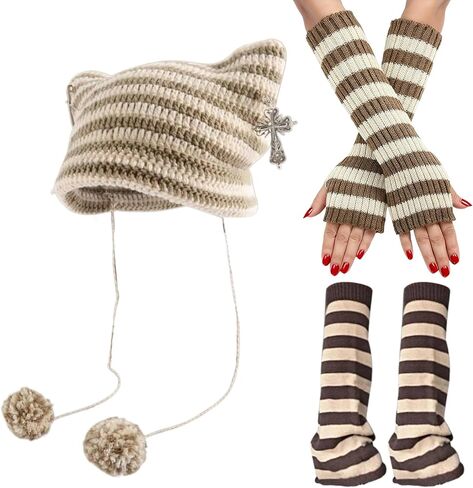 قبعة قطة Y2k مع ملحقات غطاء الساق Kawaii، قبعة صغيرة مخططة بآذان القطة وتدفئة الذراع والساق من إكسسوارات Y2k in Kuwait