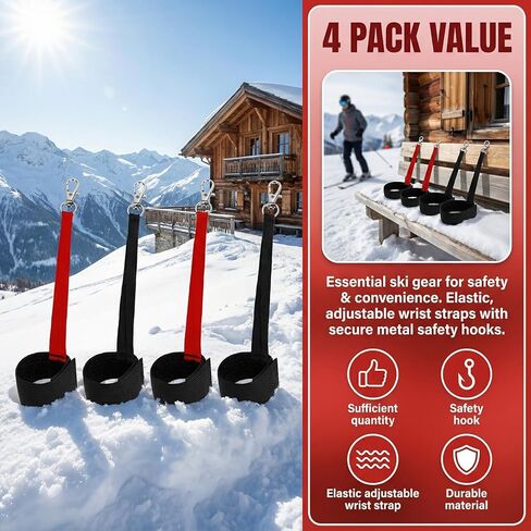 4 Pack Ski Glove Straps, Wrist Leash for Snowboard, Elastic Mitten Clips, Skiing Accessories, Snow Glove Strap, Red Black Safety Bands in Saudi Arabia