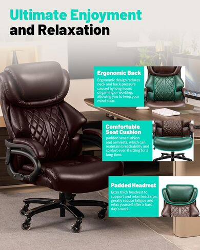 800lbs Big and Tall Office Chair with Wide Spring Seat, 360 Swivel & Heavy Duty Casters for Executive or Home Office Desk Chair (Brown) in Saudi Arabia