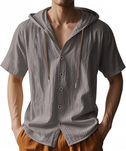 Men's Linen Short Sleeve Button Down Hooded Shirt, with Drawstring,Casual Lightweight Breathable Summer Top in Saudi Arabia