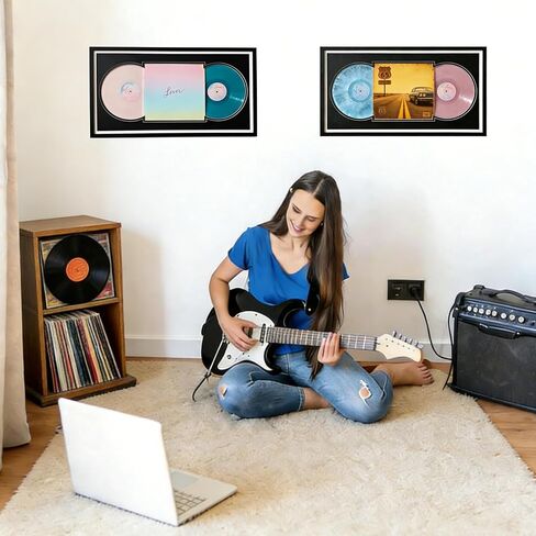 Double Vinyl Record Display Frame, Holds 2 LP Records & 1 Album Cover (12.5x12.5 Inch), Double Record Album Frame, Horizontal/Vertical Wall Mount for Music Collectors Home Decor in Saudi Arabia