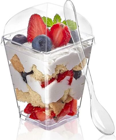 Zezzxu 50 Pack 5 oz Dessert Cups with Dome Lids and Spoons, Plastic Pudding Cups with Lids Mini Parfait Shooter Cups for Party Individual Banana Pudding Jello Yogurt Fruit Trifle in Kuwait