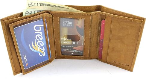 Bacci compact Trifold Wallet for Men - Genuine Leather Men's Wallet with 1 center flap 2 ID windows, 2 card Slots, 2 cash compartments - clean stitching sturdy Mens Wallet Leather (Tan) in Saudi Arabia
