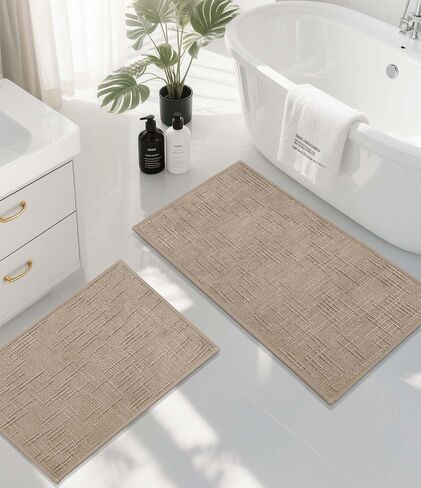 YIHOUSE Bathroom Rug Set 3 Piece Beige, Non Slip Bath Mats Sets of 3 Quick Dry, Absorbent Washable Thin Bathroom Rugs Fit Under Door for Elder, Sink, Laundry in Saudi Arabia