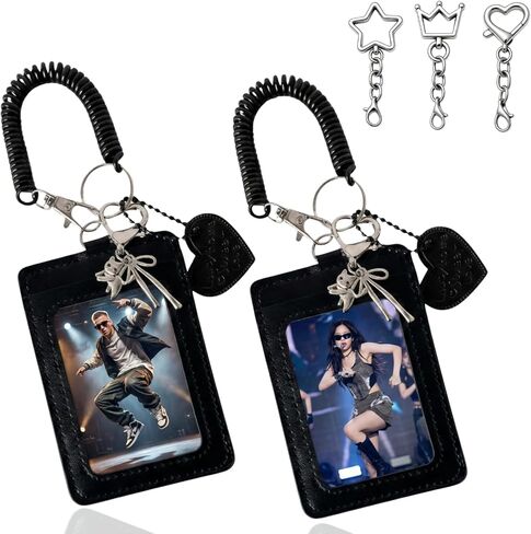 2Pcs Photocard Holder Keychain with 3 Charms Star Heart Crown, Kpop Photo Card Holder for ID Badge, Durable PU Leather Card Sleeve with Spring Lanyard for School Work Bags (Black) in Kuwait