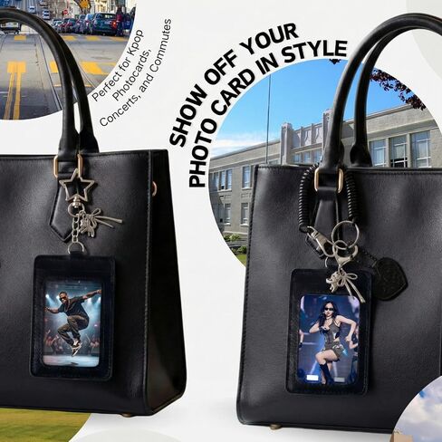 2Pcs Photocard Holder Keychain with 3 Charms Star Heart Crown, Kpop Photo Card Holder for ID Badge, Durable PU Leather Card Sleeve with Spring Lanyard for School Work Bags (Black) in Kuwait