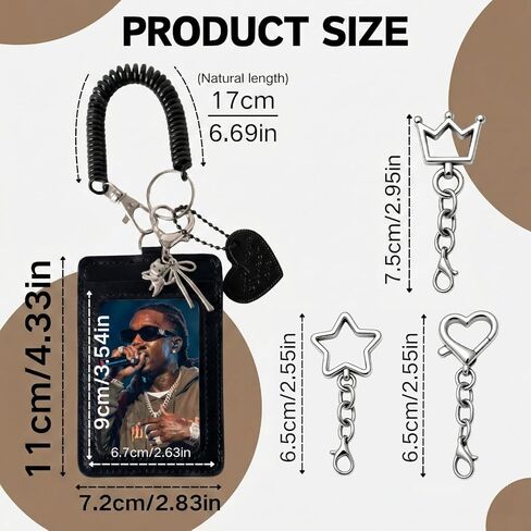 2Pcs Photocard Holder Keychain with 3 Charms Star Heart Crown, Kpop Photo Card Holder for ID Badge, Durable PU Leather Card Sleeve with Spring Lanyard for School Work Bags (Black) in Kuwait