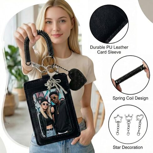 2Pcs Photocard Holder Keychain with 3 Charms Star Heart Crown, Kpop Photo Card Holder for ID Badge, Durable PU Leather Card Sleeve with Spring Lanyard for School Work Bags (Black) in Kuwait