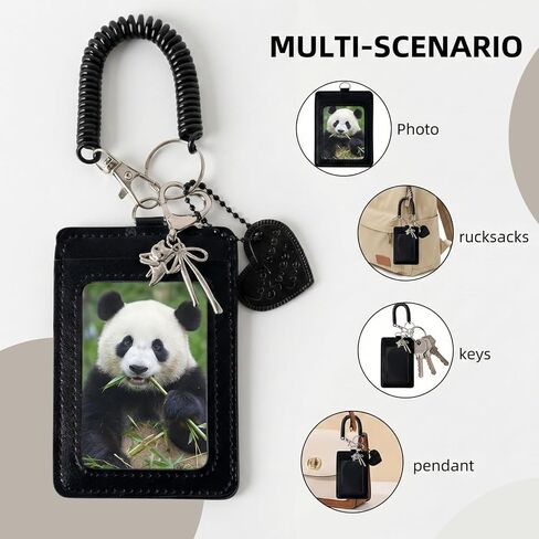 2Pcs Photocard Holder Keychain with 3 Charms Star Heart Crown, Kpop Photo Card Holder for ID Badge, Durable PU Leather Card Sleeve with Spring Lanyard for School Work Bags (Black) in Kuwait