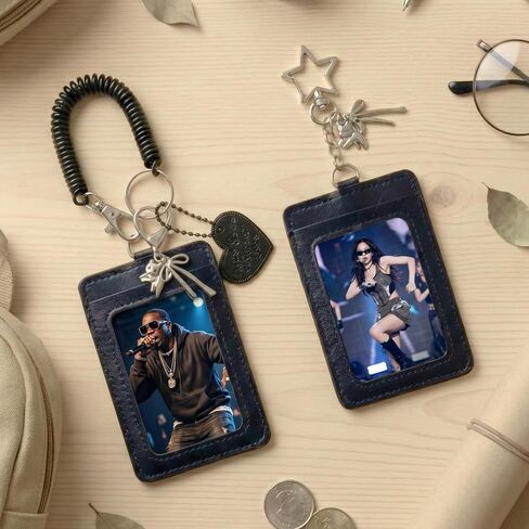 2Pcs Photocard Holder Keychain with 3 Charms Star Heart Crown, Kpop Photo Card Holder for ID Badge, Durable PU Leather Card Sleeve with Spring Lanyard for School Work Bags (Black) in Kuwait