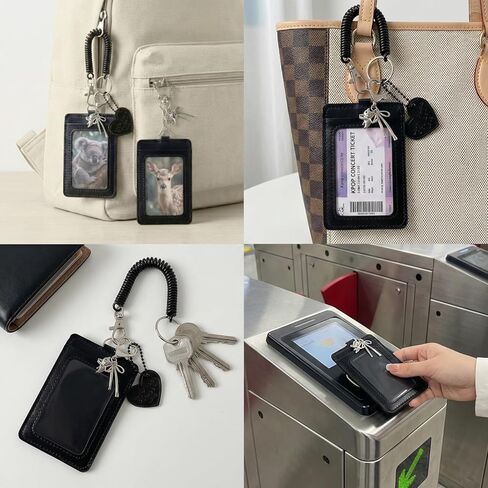 2Pcs Photocard Holder Keychain with 3 Charms Star Heart Crown, Kpop Photo Card Holder for ID Badge, Durable PU Leather Card Sleeve with Spring Lanyard for School Work Bags (Black) in Kuwait