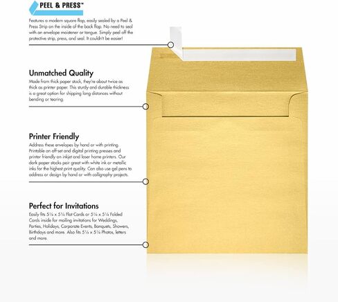 مغلفات دعوة مربعة من LUXPaper | قشر واضغط | 5 1/2 بوصة × 5 1/2 بوصة | ذهبي ميتاليك | 80 رطل. نص | 50 الكمية in Saudi Arabia