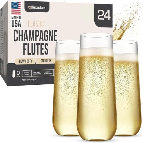 Plastic Champagne Flutes Disposable 24 Pack - 9oz Plastic Champagne Glasses - Clear Stemless Champagne Flutes Plastic - Mimosa Glasses Plastic - Disposable Champagne Flutes For Parties… in Kuwait