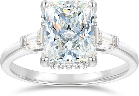 14K White Gold Radiant Cut Moissanite Rings 3-Stone 3 Carat Radiant Cut Moissanite Engagement Rings 3 Stone Hidden Halo Moissanite Rings for Women in Kuwait