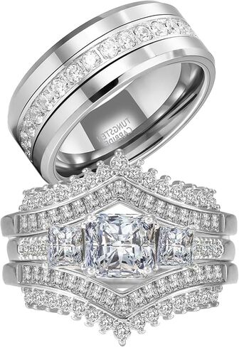 2CT CZ Wedding Ring Set for Women & Men White Gold Plated Bridal Couple Rings Tungsten Ring Elegant Wedding Band in Kuwait
