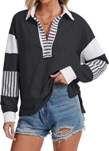 Womens Oversized Color Block Sweatshirt, Striped Polo V Neck Lightweight Pullover Fall Casual Tunic Top in Saudi Arabia
