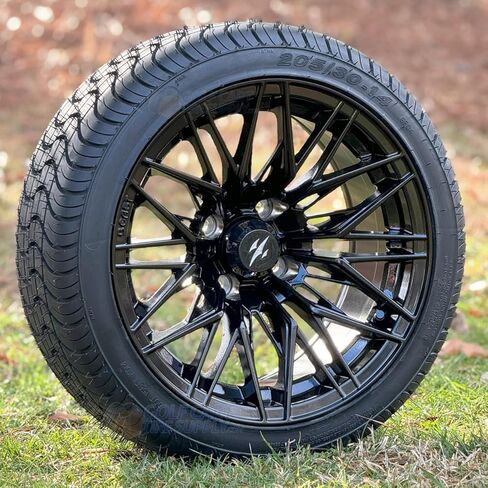 14" Hornet Gloss Black Golf Cart Wheels & 205/30-14" DOT Low Profile Tires - Set of 4 (Metric Lugs (12mm x 1.25)) in Saudi Arabia