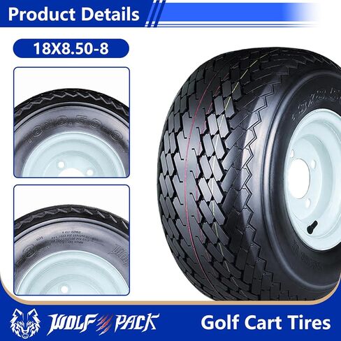 إطارات Wolf Pack مقاس 18X8.50-8 لعربة الجولف مع عجلة صلبة بيضاء مقاس 8X7 4-4.0 بدون إطار إطار غير اتجاهي متعدد التضاريس مع قوة جر فائقة لأداء طويل الأمد، 6 طبقات، مجموعة من 4 in Kuwait