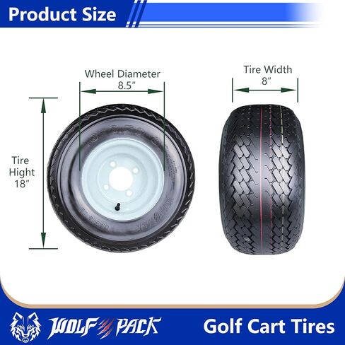 إطارات Wolf Pack مقاس 18X8.50-8 لعربة الجولف مع عجلة صلبة بيضاء مقاس 8X7 4-4.0 بدون إطار إطار غير اتجاهي متعدد التضاريس مع قوة جر فائقة لأداء طويل الأمد، 6 طبقات، مجموعة من 4 in Kuwait