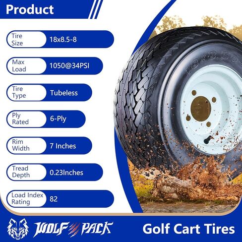 إطارات Wolf Pack مقاس 18X8.50-8 لعربة الجولف مع عجلة صلبة بيضاء مقاس 8X7 4-4.0 بدون إطار إطار غير اتجاهي متعدد التضاريس مع قوة جر فائقة لأداء طويل الأمد، 6 طبقات، مجموعة من 4 in Kuwait