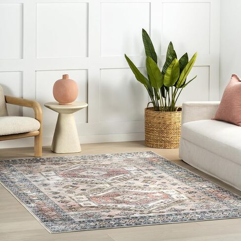 nuLOOM Splashguard Benoite Peach/Ivory, 8' Square, Traditional, Soft and Cozy, High Traffic, Stain Resistant, Easy Clean, Durable, Machine Washable Runner for Bedroom, Living Room, Dining, Den, Foyer in Saudi Arabia