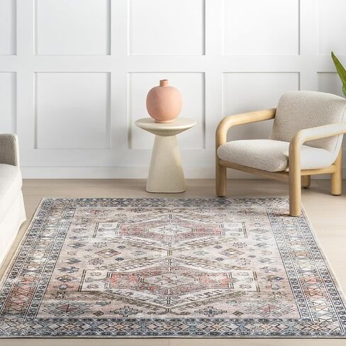 nuLOOM Splashguard Benoite Peach/Ivory, 8' Square, Traditional, Soft and Cozy, High Traffic, Stain Resistant, Easy Clean, Durable, Machine Washable Runner for Bedroom, Living Room, Dining, Den, Foyer in Saudi Arabia
