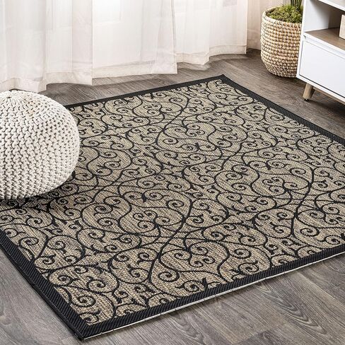 JONATHAN Y Vintage Filigree Indoor Outdoor Square Area Rug 6X6 Black/Khaki, Madrid Textured Weave for Backyard, Patio, Porch, Easy-Cleaning, High Traffic, Pet-Friendly, Non-Shedding (SMB107A-6SQ) in Saudi Arabia