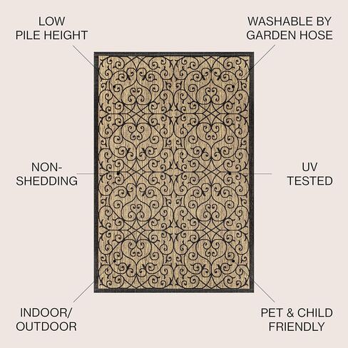 JONATHAN Y Vintage Filigree Indoor Outdoor Square Area Rug 6X6 Black/Khaki, Madrid Textured Weave for Backyard, Patio, Porch, Easy-Cleaning, High Traffic, Pet-Friendly, Non-Shedding (SMB107A-6SQ) in Saudi Arabia