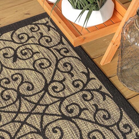 JONATHAN Y Vintage Filigree Indoor Outdoor Square Area Rug 6X6 Black/Khaki, Madrid Textured Weave for Backyard, Patio, Porch, Easy-Cleaning, High Traffic, Pet-Friendly, Non-Shedding (SMB107A-6SQ) in Saudi Arabia
