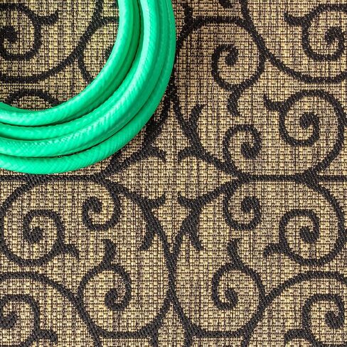 JONATHAN Y Vintage Filigree Indoor Outdoor Square Area Rug 6X6 Black/Khaki, Madrid Textured Weave for Backyard, Patio, Porch, Easy-Cleaning, High Traffic, Pet-Friendly, Non-Shedding (SMB107A-6SQ) in Saudi Arabia