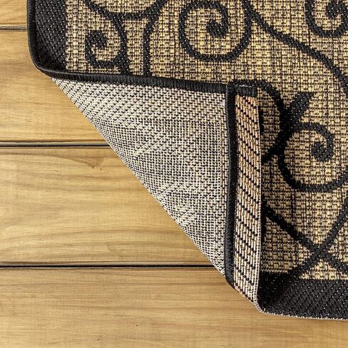 JONATHAN Y Vintage Filigree Indoor Outdoor Square Area Rug 6X6 Black/Khaki, Madrid Textured Weave for Backyard, Patio, Porch, Easy-Cleaning, High Traffic, Pet-Friendly, Non-Shedding (SMB107A-6SQ) in Saudi Arabia