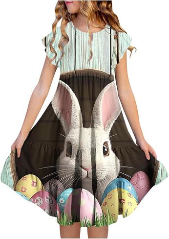 Easter Dresses for Girls Cute Ruffle Sleeve Short Bunny Animal Print Dress Casual Party Sundress Kids Clothes 4-15Y in Saudi Arabia