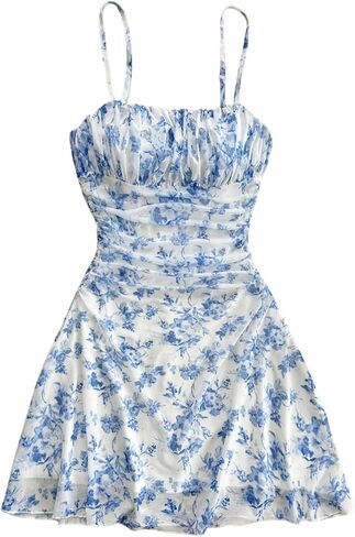 Milumia Girl's Floral Mesh Ruched Cami Dress Spaghetti Strap A Line Summer Short Dresses in Saudi Arabia