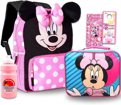 Disney Minnie Mouse Backpack with Lunch Box for Girls - Bundle with 16" Backpack, Lunch Bag, Water Bottle, Stickers, More | Minnie Mouse School Bag with Lunchbox in Saudi Arabia