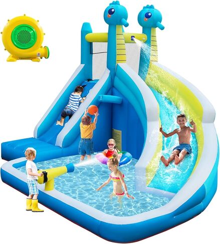 Inflatable Water Slide, 6 in 1 Blow Up Water Park Aged 3-12, Flamingo Style Water Bounce House with Double Long Slides, Splash Pool, 580W Blower Waterslide for Kids and Adults Backyard in Saudi Arabia