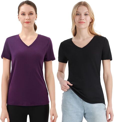 Merino Protect 100% Merino Wool V Neck T-Shirt Women Short Sleeve Shirts Odor Resistance Tops for Outdoor Hiking 2Pack in Kuwait