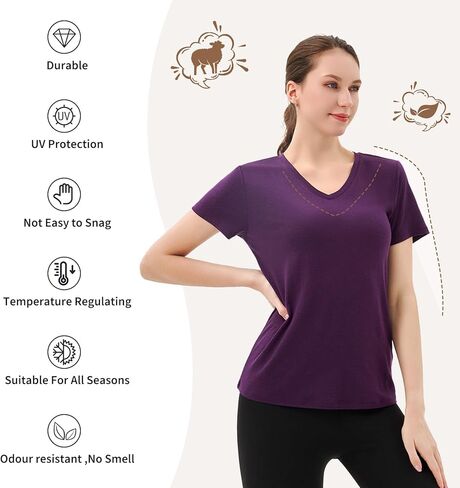 Merino Protect 100% Merino Wool V Neck T-Shirt Women Short Sleeve Shirts Odor Resistance Tops for Outdoor Hiking 2Pack in Kuwait