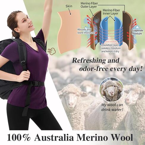 Merino Protect 100% Merino Wool V Neck T-Shirt Women Short Sleeve Shirts Odor Resistance Tops for Outdoor Hiking 2Pack in Kuwait