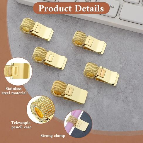 5 قطع من حاملات الأقلام للحافظة، حامل مشبك قلم معدني قابل للتعديل مع حلقة زنبركية قابلة للسحب ملحق حامل أقلام معدني للكمبيوتر المحمول والمكتب المنزلي (ذهبي) in Kuwait