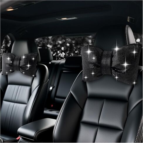 2PCS Shiny Car Headrest Pillow,Bling Rhinestones Bowknot Cars Neck Pillow for Driving & Relieving Neck Pressure,Comfortable Cars Pillows Car Decor for Women & Girls (Black) in Saudi Arabia