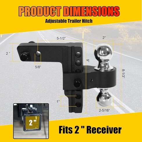 Heavy Duty Adjustable Trailer Hitch for 2" Receiver - 6" Drop & Rise, 12,500 lbs GTW, Class 3/4 Hitch for Trucks, with 3 Anti-Theft Locking Pins | Aluminum Drop Hitch in Saudi Arabia