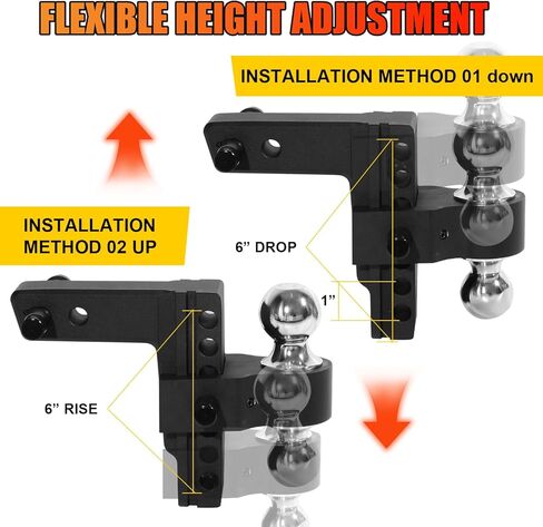 Heavy Duty Adjustable Trailer Hitch for 2" Receiver - 6" Drop & Rise, 12,500 lbs GTW, Class 3/4 Hitch for Trucks, with 3 Anti-Theft Locking Pins | Aluminum Drop Hitch in Saudi Arabia