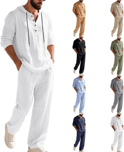 Mens Linen Suit 2 Pieces Cotton Linen Set Casual Long Sleeve Henley Shirts Beach Yoga Pants Summer Vacation Outfits in Saudi Arabia